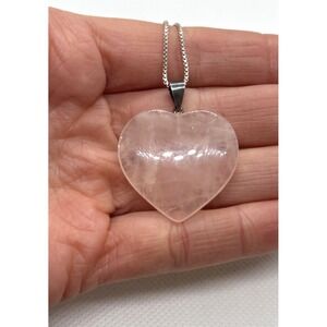 Vintage Rose Quartz Heart Pendant 20'' Chain Necklace Sterling 925 Silver 9.7g